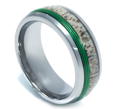 "Angler" Deer Antler Green Fishing Line Dome Polished Tungsten Carbide RIng