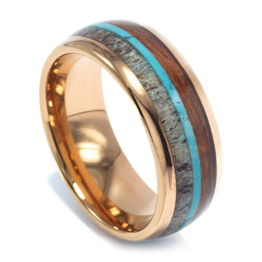 "Wanderer" Deer Antler, Turquoise Strip, Koa Wood, 18K Rose Gold Tungsten Carbide,  Dome Finish-8mm