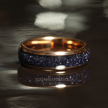 "Stellar Dawn 06" Rose Gold Tungsten Wedding Band with Blue Sandstone Inlay for Couples