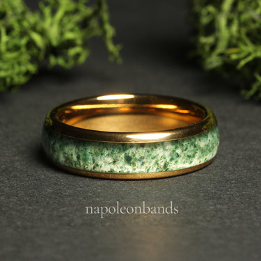 "Golden Grove 06" Yellow Gold Tungsten 6mm Wedding Band with Moss Agate Inlay for Men and Couples