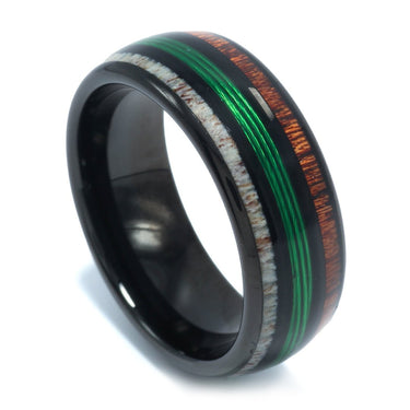 "Bass Pro" Koa Wood, Deer Antler, and Green Fishing Line Inlay, Black Tungsten Carbide, Men's Wedding Ring, Dome Design, 8mm