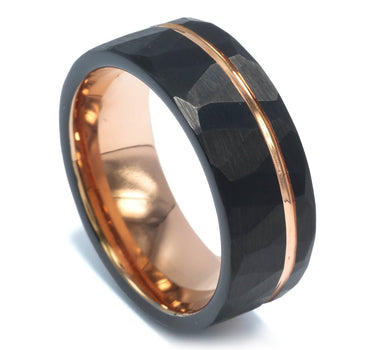 "CEO"  Rose Gold Strip, Black Hammered Tungsten Carbide, Men's wedding band, 8mm