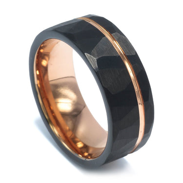 "CEO"  Rose Gold Strip, Black Hammered Tungsten Carbide, Men's wedding band, 8mm