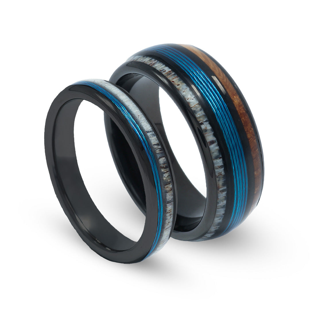 Tommyway Men's Tungsten Ring - Green Fishing Line, Whiskey Barrel Wood & Deer Antler