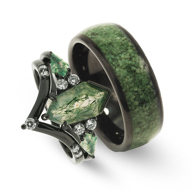 "Viridescent Bond"– Moss Agate Coffin Kite Ring Set, Black Tungsten and 925 Silver Couples Wedding Bands