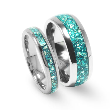 "Aqualume Bond" Ring Set – Aquamarine Wedding Bands, Silver Tungsten His & Hers Rings, Matching Couple Promise Rings