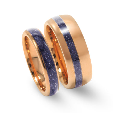 "Cosmo Flare" Ring Set – Rose Gold Galaxy Wedding Bands, Sandstone Nebula His and Hers Rings