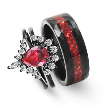 "Crimson Lume" Ring Set – Ruby & Alexandrite Couples Rings, Black Tungsten & Sterling Silver Wedding Bands