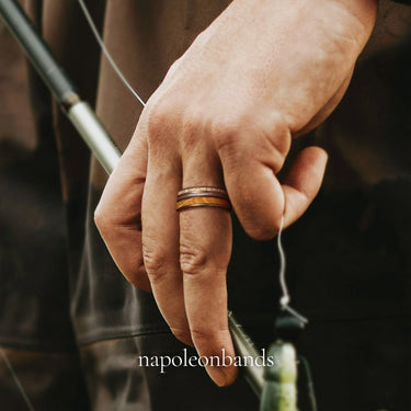"Timberline" Deer Antler, Fishing Line & Whiskey Barrel Wood Wedding Band, Rustic Men's Ring