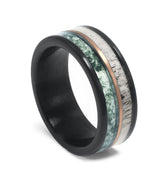 "Fusion" Deer Antler Inlay, Moss Agate Wedding Band, Rose Gold Strip, Black Tungsten Carbide Ring, 8mm