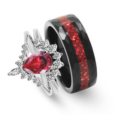 "Ember Glow" Ring Set – Ruby & Alexandrite Couples Rings, Black Tungsten & Sterling Silver Wedding Bands