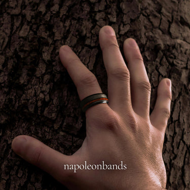 "Maui " Hawaiian Koa Wood,  Black Tungsten Carbide  Wedding Band, Beveled Black Men's Ring