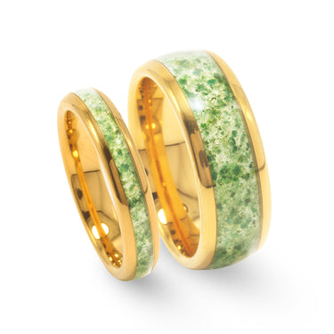 "Evergold" Moss Agate Ring Set – His and Hers Wedding Bands, Yellow Gold Tungsten Couples Rings, Nature-Inspired Promise Rings