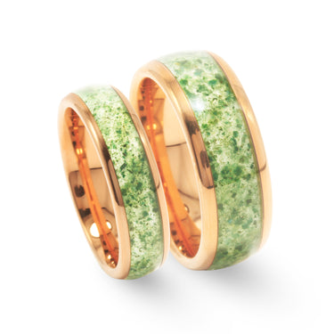 "Rosverdant Bond" Ring Set – Moss Agate & Rose Gold Tungsten Wedding Bands, His and Hers Nature-Inspired Rings