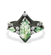 "Emerald Veil" Moss Agate Ring Set – Coffin Kite Cut Black Gold Filled & 925 Sterling Silver Bands