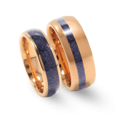 "Orion flare" Ring Set – Rose Gold Galaxy Wedding Bands, Sandstone His and Hers Couples Rings