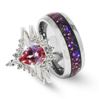 "Celestial Nebula" Ring Set – Alexandrite Crab Nebula His and Hers Tungsten Wedding Bands in Sterling Silver