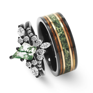 "Verdant Whisk"  Ring Set – Moss Agate & Whiskey Barrel Wood Wedding Bands, Tungsten & Sterling Silver Couples Rings