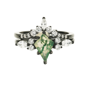 "Verdant Eclipse" Moss Agate Ring Set – Hers Black Plated Tungsten and 925 Silver Wedding Bands