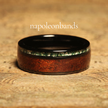 "Timber Leaf" Whiskey Barrel Tungsten Band with Moss Agate Inlay for Men