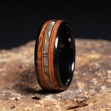 "Chordspire" – Abalone Shell, Guitar String & Whiskey Barrel Tungsten Men’s Wedding Band | 8mm Musician Ring