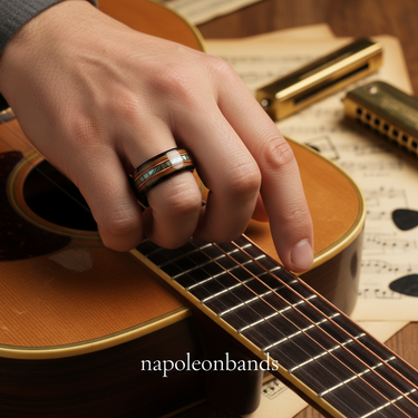 "Chordspire" – Abalone Shell, Guitar String & Whiskey Barrel Tungsten Men’s Wedding Band | 8mm Musician Ring