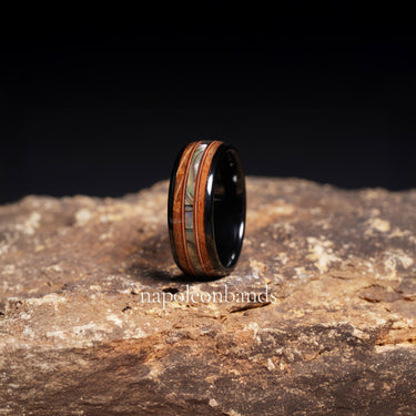 "Chordspire" – Abalone Shell, Guitar String & Whiskey Barrel Tungsten Men’s Wedding Band | 8mm Musician Ring