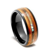 "Chordspire" – Abalone Shell, Guitar String & Whiskey Barrel Tungsten Men’s Wedding Band | 8mm Musician Ring