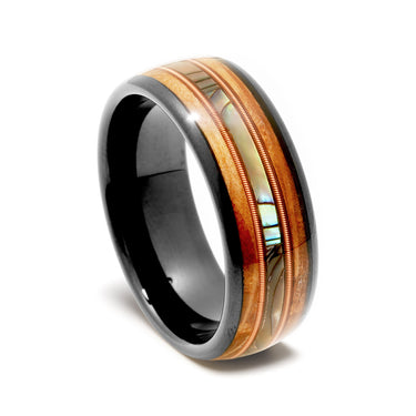"Chordspire" – Abalone Shell, Guitar String & Whiskey Barrel Tungsten Men’s Wedding Band | 8mm Musician Ring