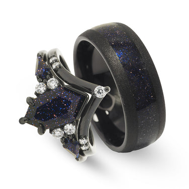 "Rift Nebula" Ring Set – Starry Night His and Hers Wedding Bands in Sandstone, Black Tungsten, and 925 Silver