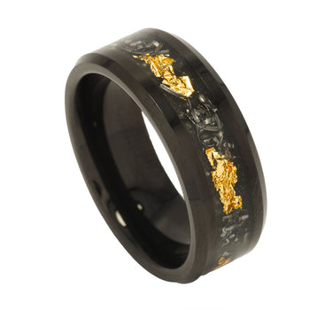 "Raygun" 24k Gold Leaf and Meteorite Inlay Beveled Edge Tungsten Carbide