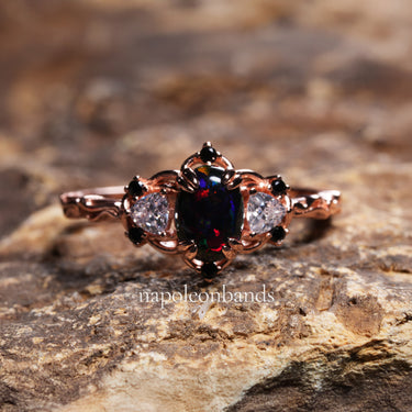 "Scarlet Flame" – Black Fire Opal Engagement Ring Oval Cut with Simulated Diamonds, Black Onyx Accents