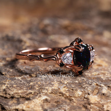 "Scarlet Flame" – Black Fire Opal Engagement Ring Oval Cut with Simulated Diamonds, Black Onyx Accents