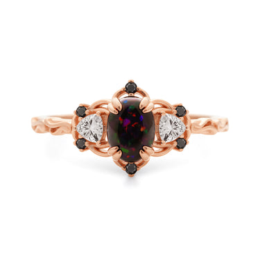 "Scarlet Flame" – Black Fire Opal Engagement Ring Oval Cut with Simulated Diamonds, Black Onyx Accents