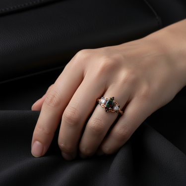 "Scarlet Flame" – Black Fire Opal Engagement Ring Oval Cut with Simulated Diamonds, Black Onyx Accents