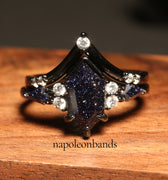 "Obsidian Spark" Great Rift Nebula Blue Sandstone Ring – Coffin Kite Cut Black Rhodium Engagement Set in 925 Silver