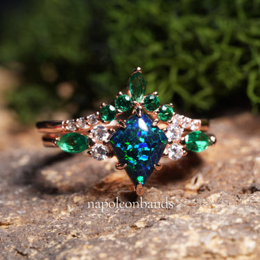 "Verdant Tide" – Blue and Green Opal Engagement Ring Set with Emerald & Diamond Accents in Rose Gold Vermeil