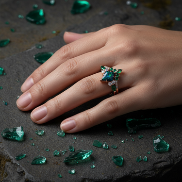"Verdant Tide" – Blue and Green Opal Engagement Ring Set with Emerald & Diamond Accents in Rose Gold Vermeil