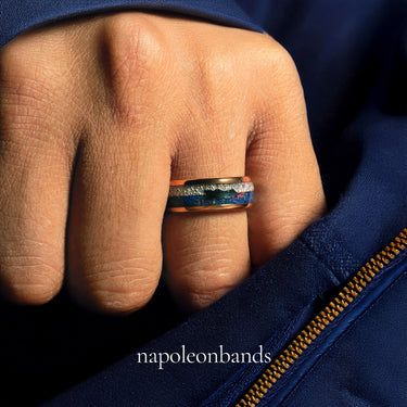 "Pharaoh" Blue Lapis Lazuli Meteorite Silver Arrow Dome Polish Rose Gold Tungsten Carbide Ring, 8mm