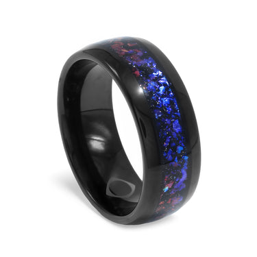"Astronomer" Crushed Blue Sandstone Ring Inlay, Black Tungsten Carbide,Domed Design Galaxy Wedding Band, Men's Wedding Ring, 8mm