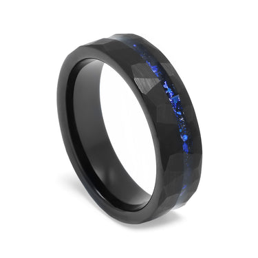 "Cosmo" Crushed Blue Sandstones Inlay, Hammered Tungsten Carbide, 6mm