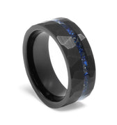 "Sagittarius" Blue Sapphire Inlay, Black Tungsten Carbide, Hammered Ring Design, 8mm