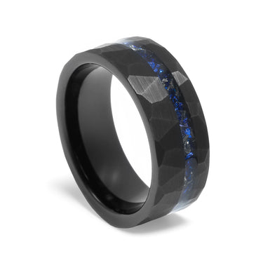 "Sagittarius" Blue Sapphire Inlay, Black Tungsten Carbide, Hammered Ring Design, 8mm