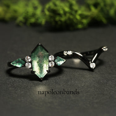 "Emerald Veil" Moss Agate Ring Set – Coffin Kite Cut Black Gold Filled & 925 Sterling Silver Bands