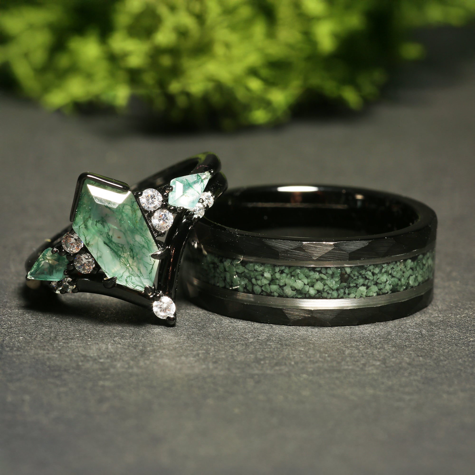 Black Tungsten Tungsten Ring Set Ring Set – Moss Agate Nature