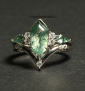 "Verdant Soul" Green Moss Agate Ring Set – Alternative Engagement & Promise Ring in Kite Coffin 925 Sterling Silver