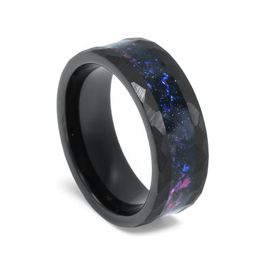 "Lover" Crushed Blue Sandstones Inlay, Black Tungsten Carbide, Hammered Design-8mm