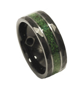 "Jasper" Crushed Moss Agate Silver Strip Black Hammered Tungsten Carbide Ring 8mm