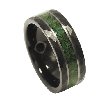 "Jasper" Crushed Moss Agate Silver Strip Black Hammered Tungsten Carbide Ring 8mm