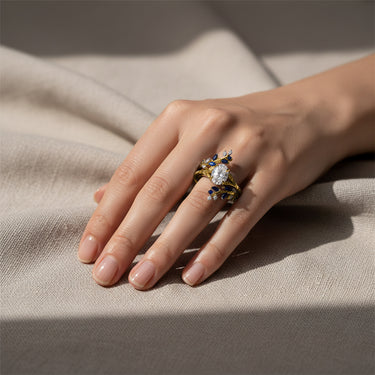 "Azurea Crown" – Oval Cut Diamond & Blue Sapphire Sterling Silver Engagement Ring